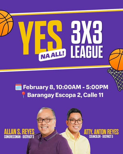 Poster for Yes Na All 3x3 basketball league on February 8 featuring Allan and Anton Reyes.