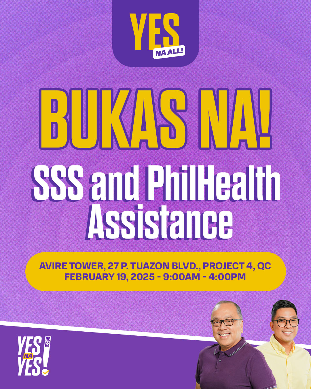 Poster announcing SSS and PhilHealth assistance event on February 19, 2025, with Allan and Anton Reyes.